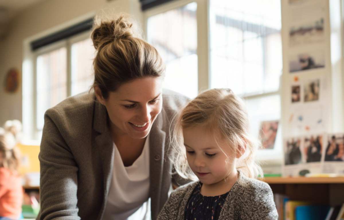 Docente geeft individuele uitleg aan een leerling op een tablet