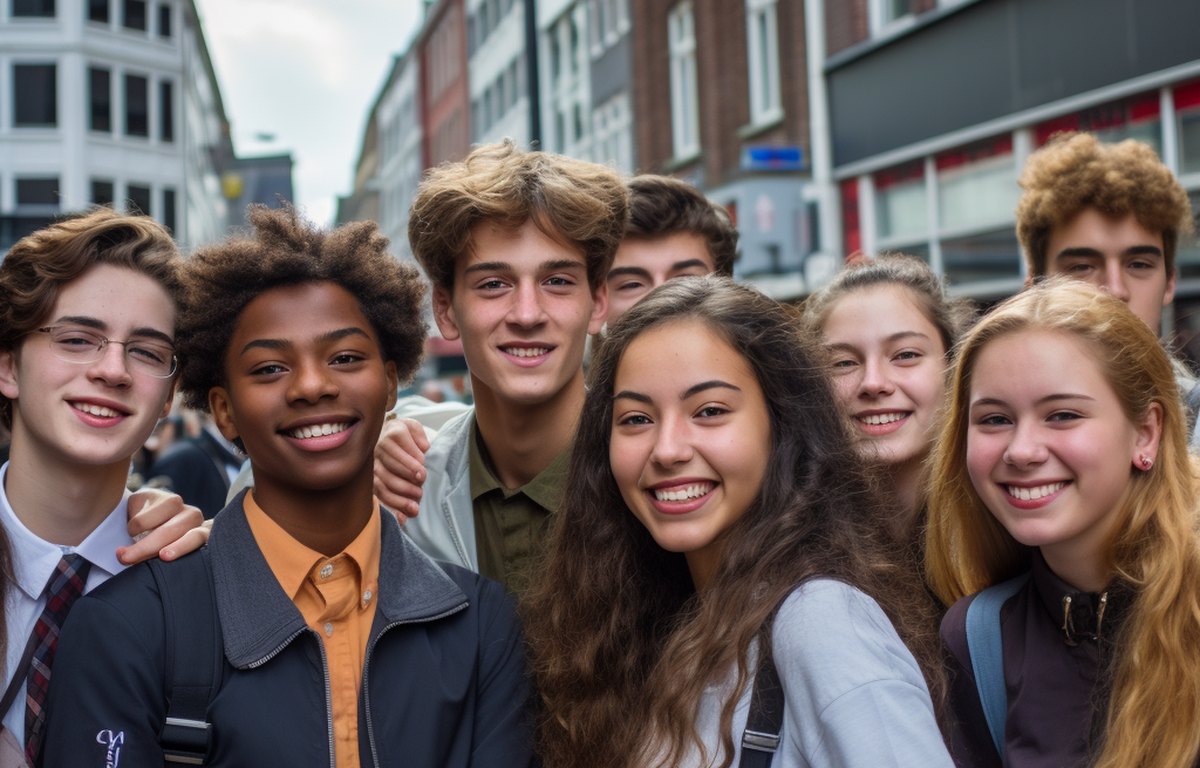Groep leerlingen uit het voortgezet onderwijs bij elkaar