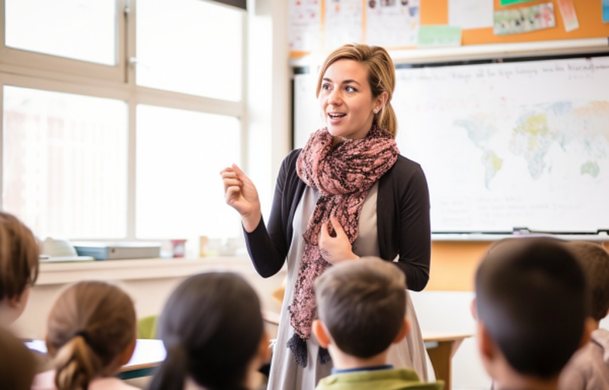 Docente geeft uitleg aan een klas die oplet